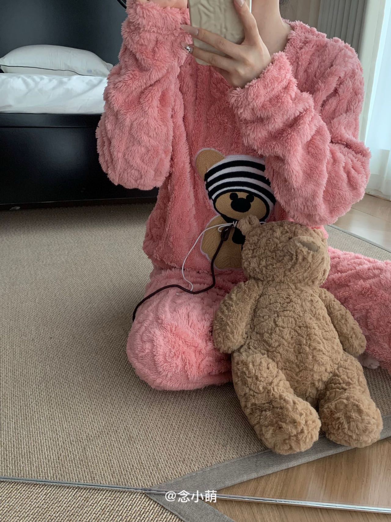 Otoño e Invierno nuevo coral fleece franela lindo moda largo homewear pijamas pantalones de manga larga traje de las mujeres