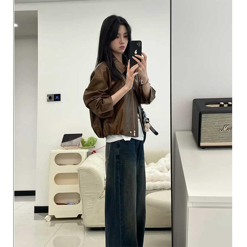 Hong Kong Style Retro High-end suit Women's Autumn New Elegant brown Leather Jacket Jacket Jacket Jeans Two-piece Set