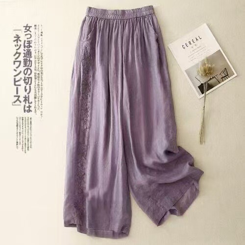 Summer New Embroidered Cropped Cotton and Hemp Pants Women's Wide Leg Harlan Artistic Retro Loose Casual Pants