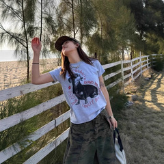アメリカンダックスフントプリント右肩スリム半袖Tシャツレディース新作夏カジュアルスリムラウンドネックトップスレディースイン