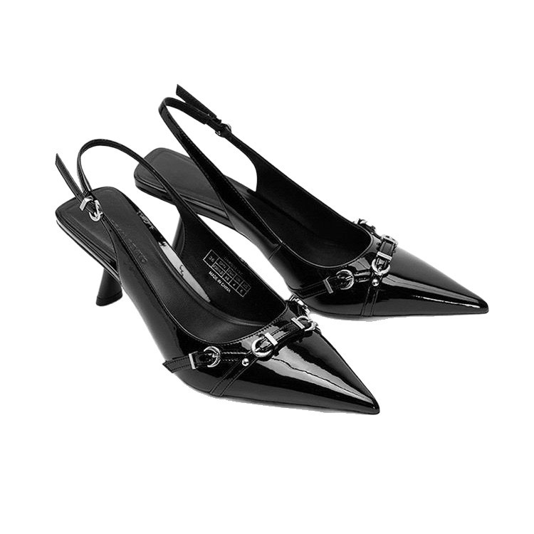 Black Stiletto Heel Pumps Pointed Toe Backless Sandals With Buckle_voghion.com