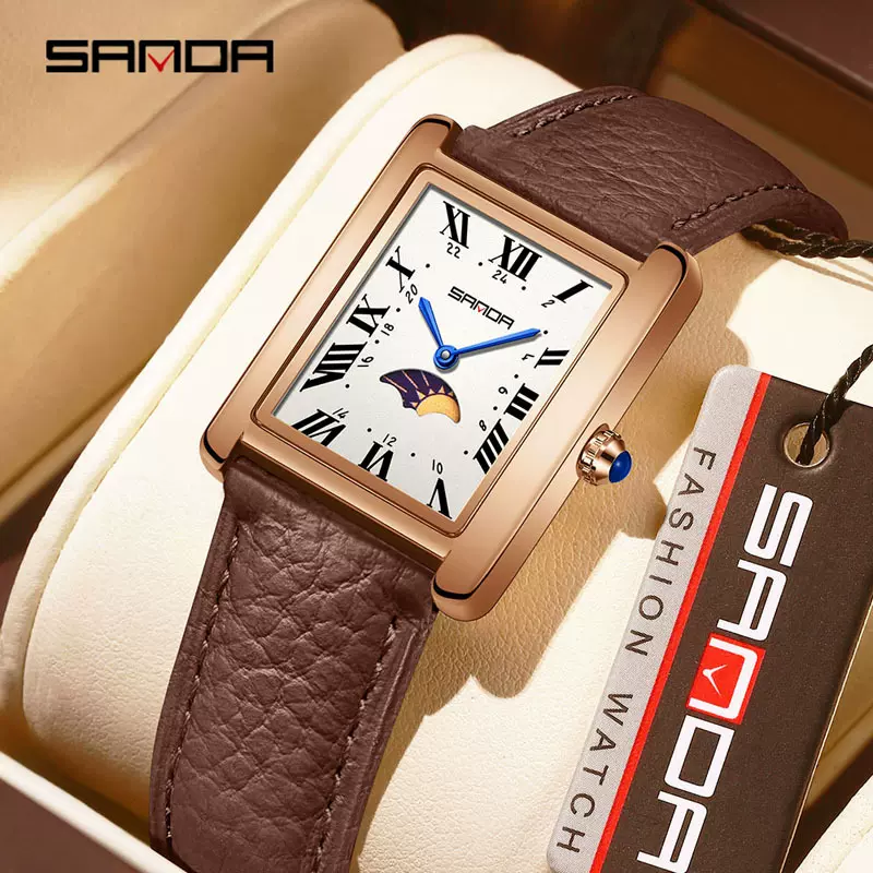 SANDA新款方形表轻奢精致罗马数字月相手表通勤防水百搭石英表女
