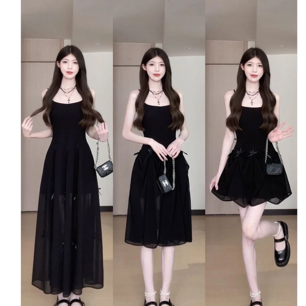 New Black Bow-Knot Suspender Dress with 70% off Layers, Age-Reducing, Summer Waist-Cinching, Elegant, Slimming, Plus-Size Long Dress
