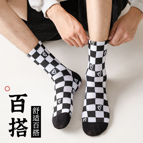 Men's Mid-Calf Socks for Autumn/Winter, Cotton Black and White Anti-Odor, Absorbent Long Socks, Ins Trendy Winter Style, Sporty Long Socks
