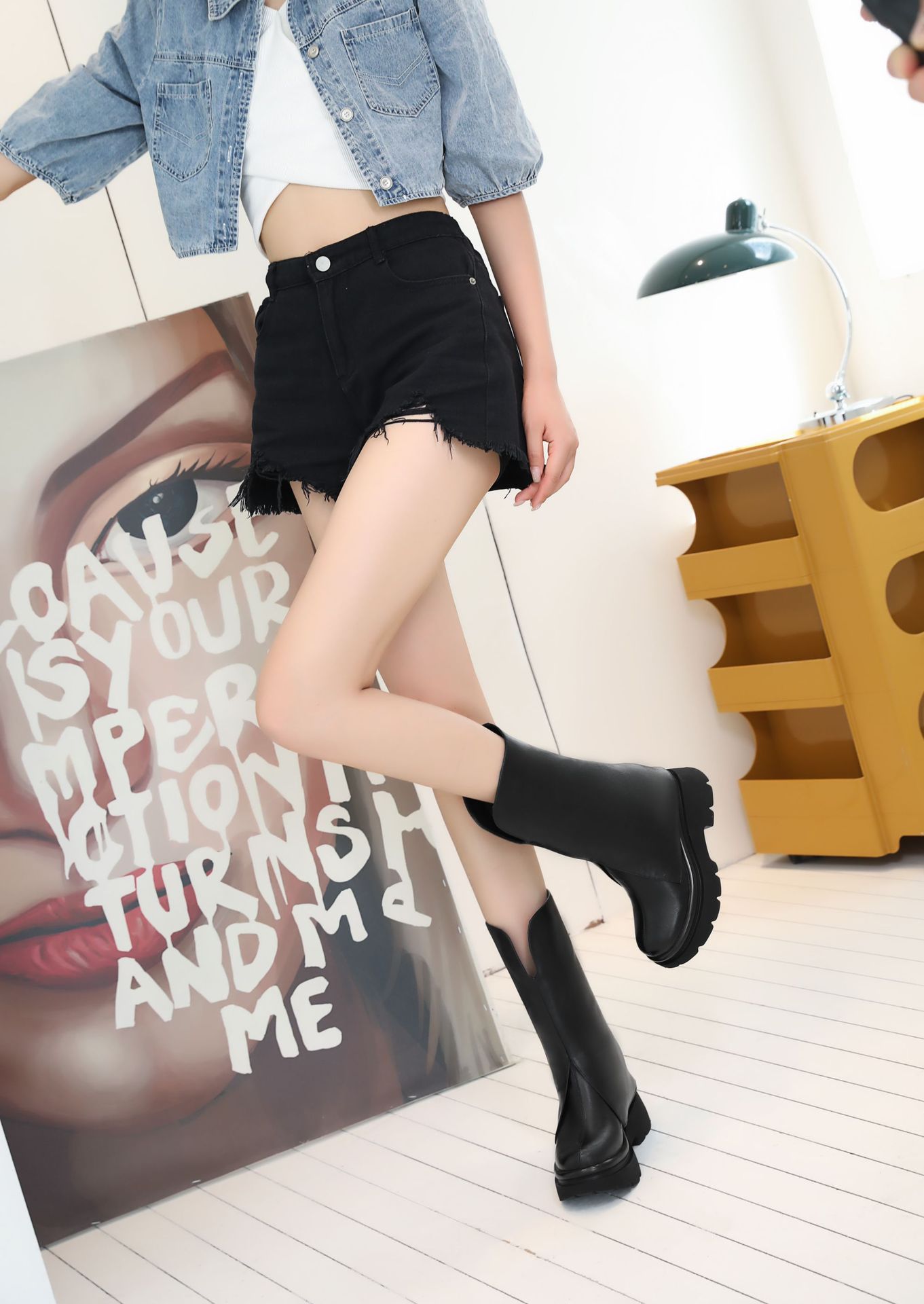 Boot nữ cổ cao ôm bắp chân phong cách Anh, gót độn trong 10 cm, ống giữa không quá đầu gối — Nhung đen chi tiết 12