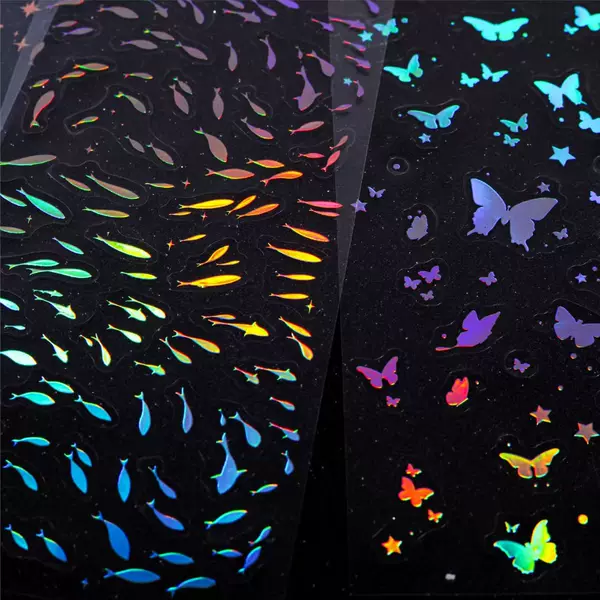 Laser butterfly fish flock holographic stickers, PVC transparent decorative stickers, DIY materials for scrapbooking and nail art