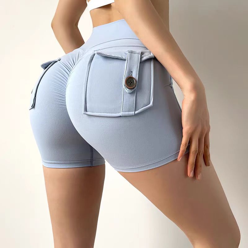 Summer Yoga Shorts for Women, Butt-Lifting, Slim-Fit Running Fitness Shorts, High-Waisted Peach Butt Three-Point Shorts with Pockets, Sports Shorts