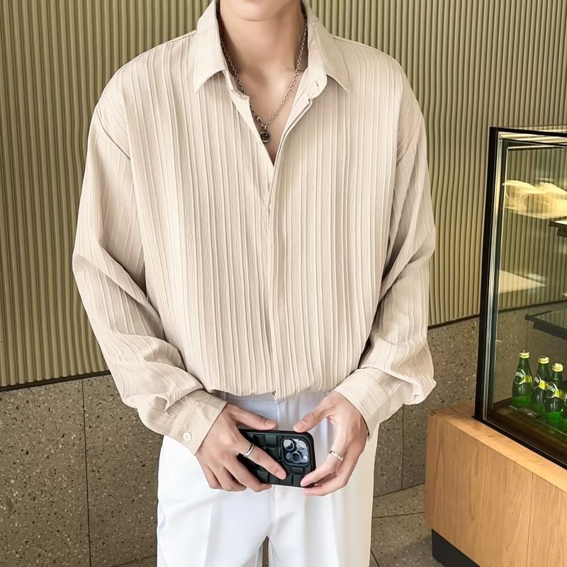 Texture Design Pleated Texture Men's Long-sleeved Shirt Loose Non-ironing Drop Spring and Summer Sunscreen White Light Luxury High-end Texture Design Pleated Texture Men's Long-sleeved Shirt Loose Non-ironing Drop Spring and Summer Sunscreen White Light Luxury High-end