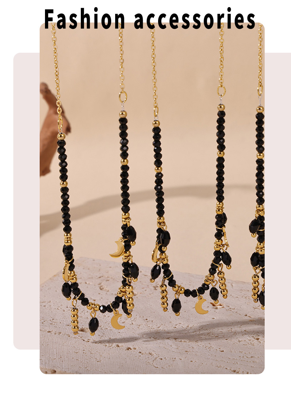 Sugar Cube Retro Temperament Black Crystal Moon Tassel Pendant Clavicle Necklace Stainless Steel Dark Queen Jewelry_voghion.com