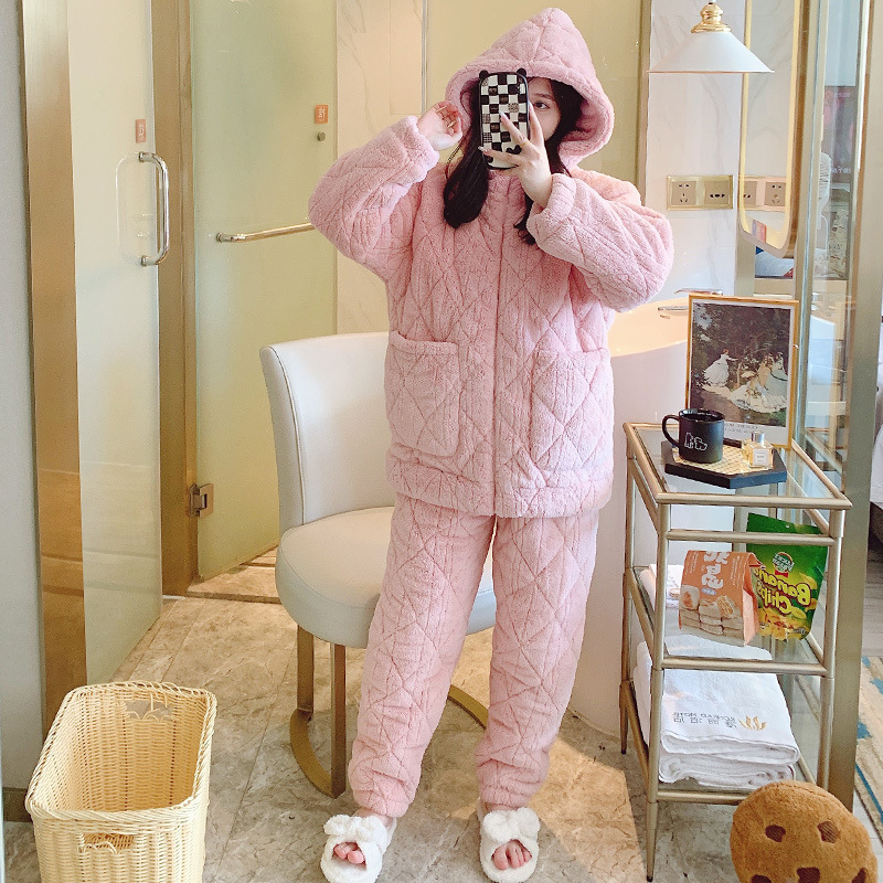 black men‘s couple pajamas women‘s flannel thickened three-layer autumn and winter thermal coral fleece homewear suit