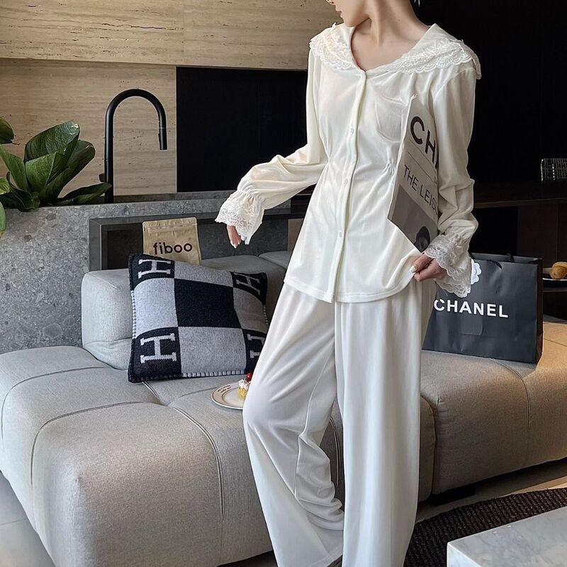New Casual Shiny Velvet Pajamas for Women with Lapel Collar, Long Sleeves, Loose Fit, Casual Lace Outerwear Loungewear