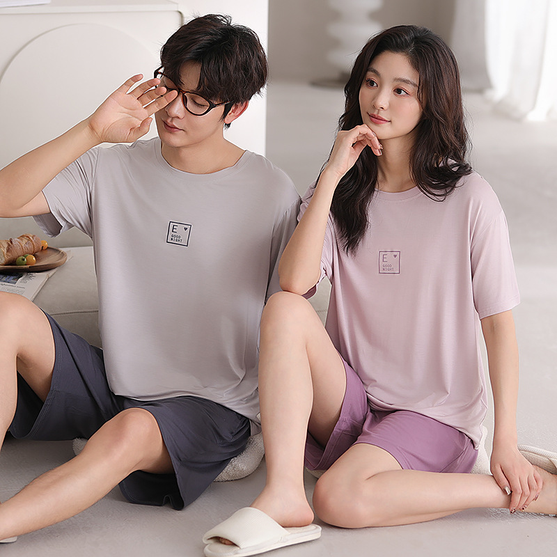 Pajamas de pareja de algodón modales de verano de mangas cortas delgadas 2025 nuevo cuello redondo casual ropa de casa de verano para hombres y mujeres
