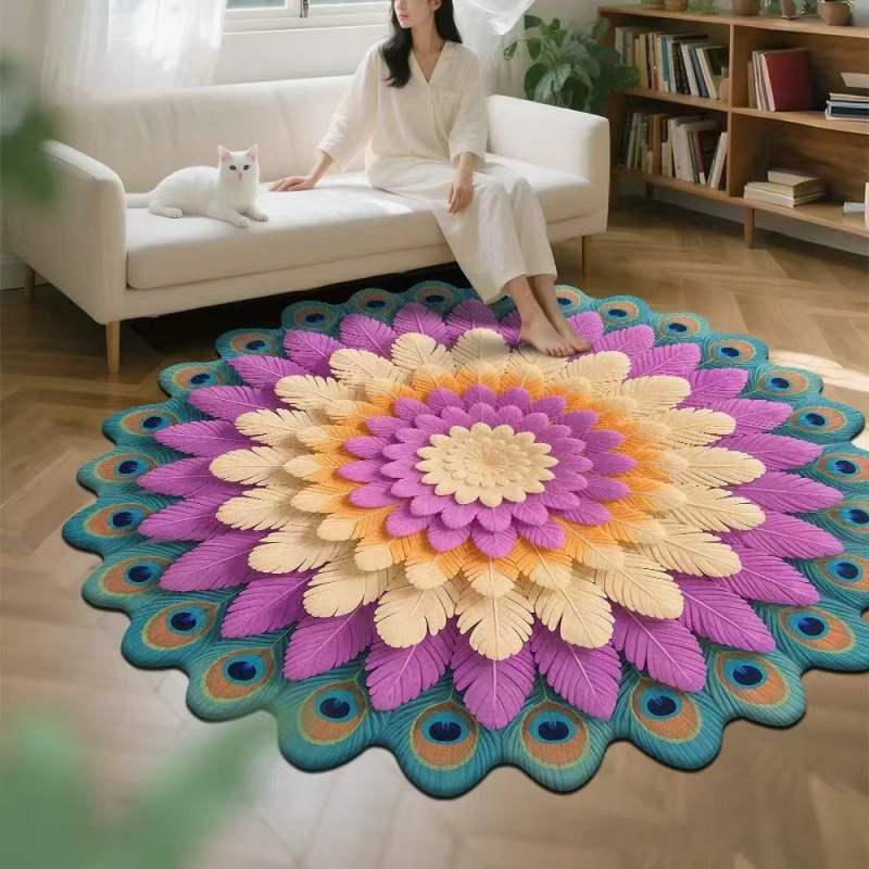 3D效果孔雀花卉圆形水晶绒印花地毯家用装饰客厅防滑易打理沙发毯|undefined