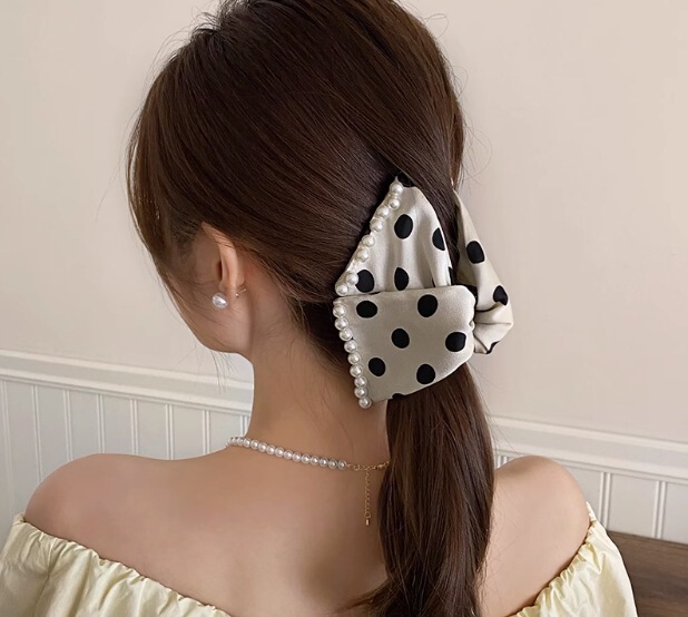 韓国水玉模様のリボンヘアバンド女性用、フレンチエレガントで高級なポニーテールリボンヘアバンド、スクエアスカーフヘッドアクセサリー|undefined
