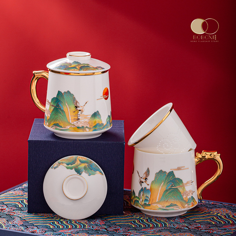 国潮办公杯中国风泡茶杯陶瓷茶水分离水杯带盖过滤羊脂玉白瓷家用