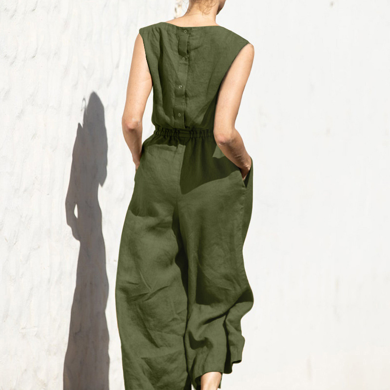 Cotton And Linen Jumpsuit Women Solid Color Sleeveless Pocket High Waist Wide Legs Jumpsuits Casual Commuting Ladies Bodysuits_voghion.com