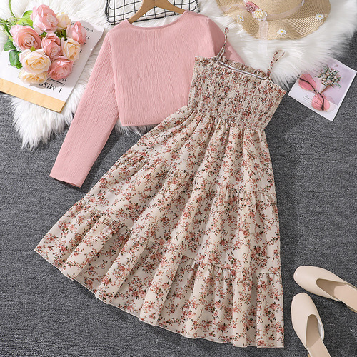 Big boy women's suit Foreign trade children's wear spring new cross-border INS sweet floral suspender dress long-sleeved outer