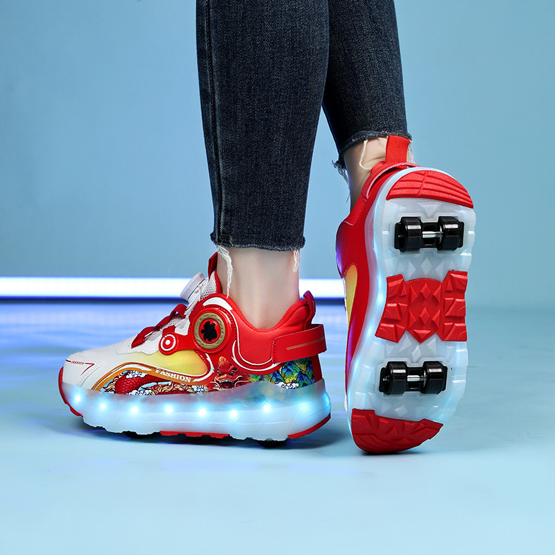Cross-Border Heelys Shoes Manufacturer Wholesale Rechargeable Luminous Shoes Led Lights for Children and Adults Roller Skates with Wheel Rotating Buttons