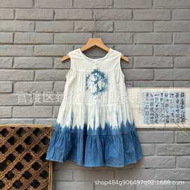 文艺纯棉古镇儿童女童背心A字扎染蓝染蓝白染太阳花连衣裙背心裙