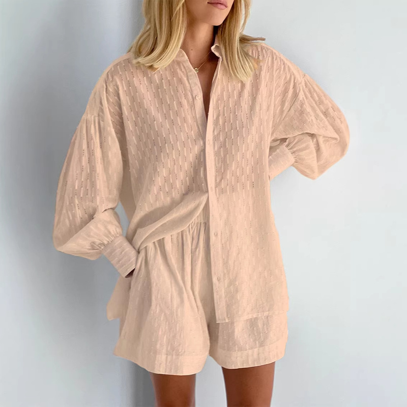 2026 Spring/Summer Women's European and American Style Jacquard Puff Sleeve Shirt and Shorts Commuter Design Casual Fashion Set 2026 Spring/Summer Women's European and American Style Jacquard Puff Sleeve Shirt and Shorts Commuter Design Casual Fashion Set