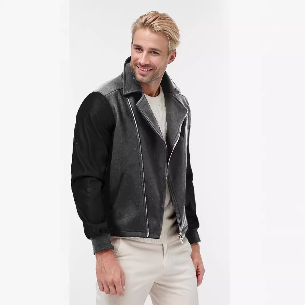Men's 2024 new PU leather patchwork woolen men's lapel color blocked zipper jacket, coat_voghion.com