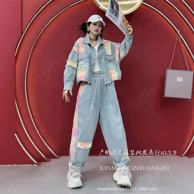 Trendy Hong Kong Style 2026 Spring and Autumn New Denim Short Jacket and Straight-Leg Long Pants Two-Piece Fashion Set for Tall Individuals