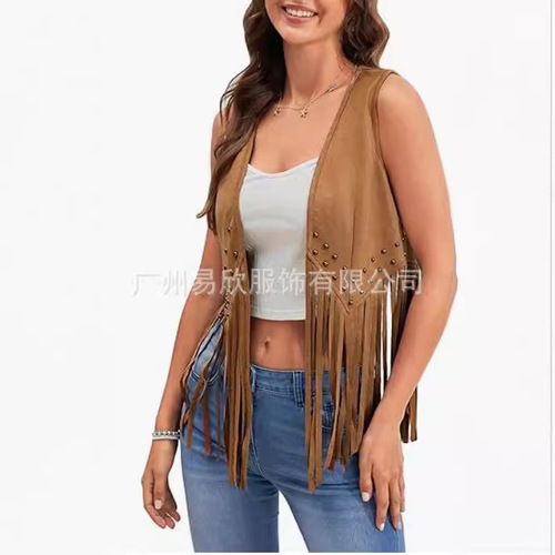 Embroidered Pouch Heart Women's Faux Deer Skin Front Opening Retro Tank Top 70s Bohemian Western Jacket