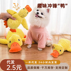 犬のおもちゃは退屈して声を出して金毛の大型犬の子犬の科基のペットをかむことに耐えます。