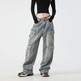 韩路女装工装风做旧洗水牛仔裤女春夏新款立体口袋设计感牛仔长裤