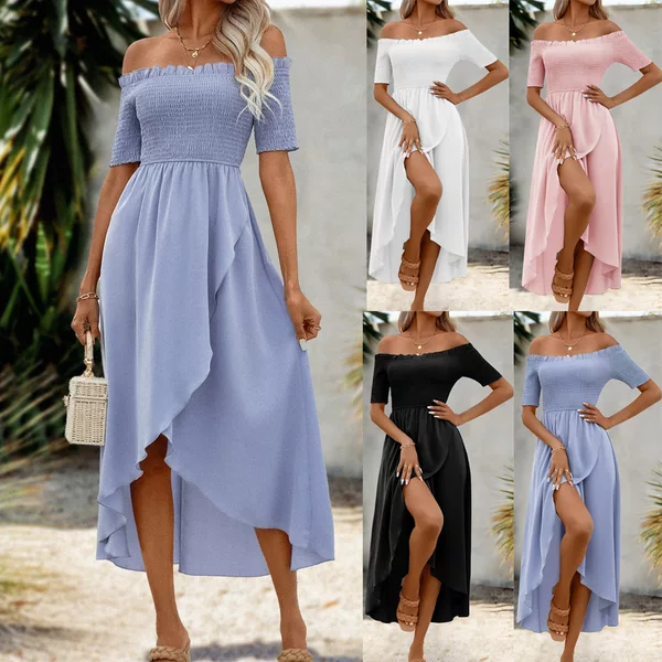 Clearance Sale European and American 2024 Cross-Border Amazon Hot-Selling Solid Color Off-Shoulder High-Waist Slimming Elegant Long Dress for Women Summer