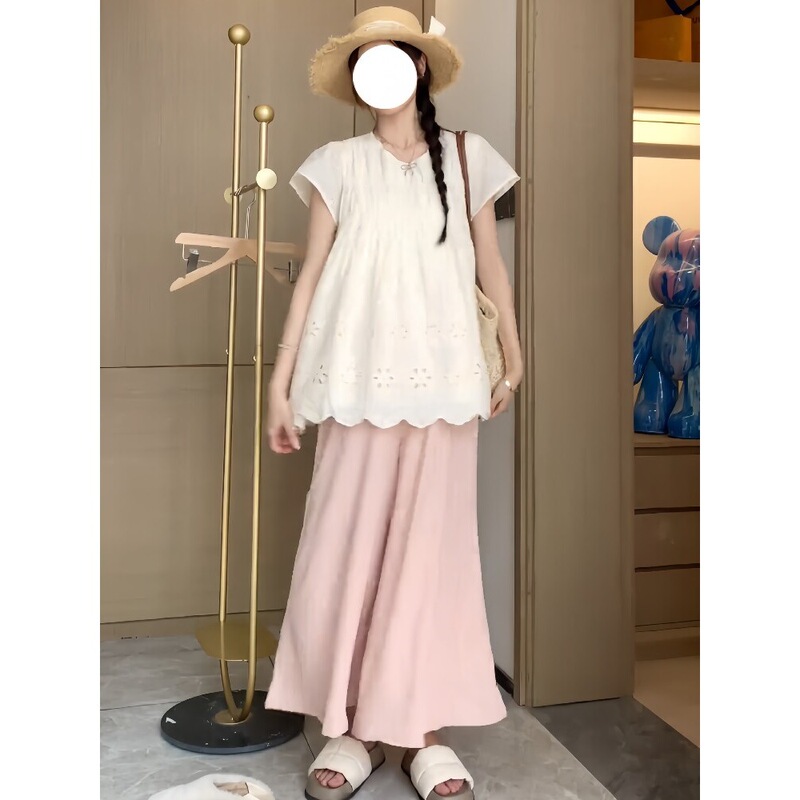 Maternity Fashion Set 2026 Summer New Style Short-Sleeve Loose Outerwear Solid Color Top Wide-Leg Skirt Pants Women's Two-Piece Set