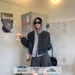 乌77高级感灰色圆领外套女秋冬甜酷宽松短款棒球服夹克上衣新