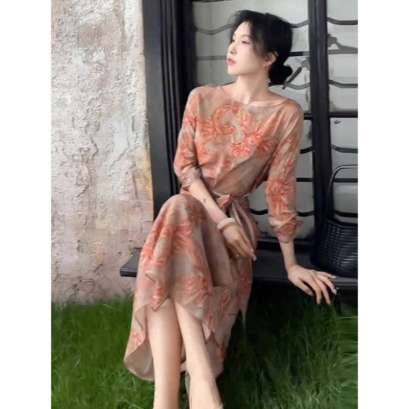 法式名媛风印花长袖连衣裙女收腰系带长裙2025夏季新款女装高级感|undefined