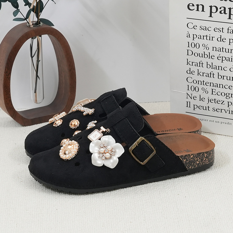 New Perfume Bottle Camellia Outer Wear Slip-On Sweet and Cool Flat Toe Half Slippers Women's Birkenstock Shoes Women's Shoes