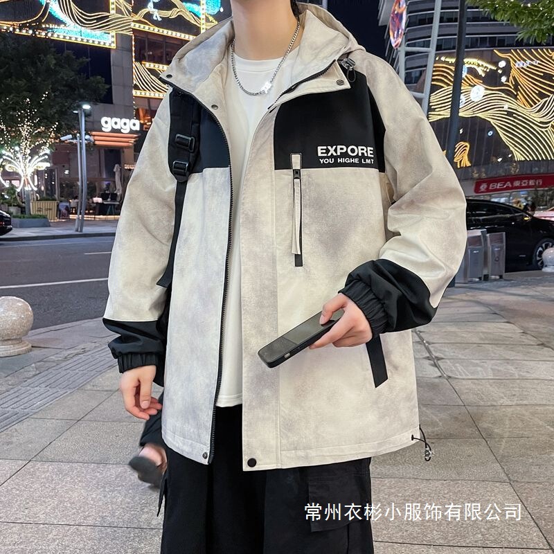 Men's Outdoor Jacket Spring and Autumn Trendy Splicing Youth Jacket Fashion Loose Hooded Casual Student Wholesale