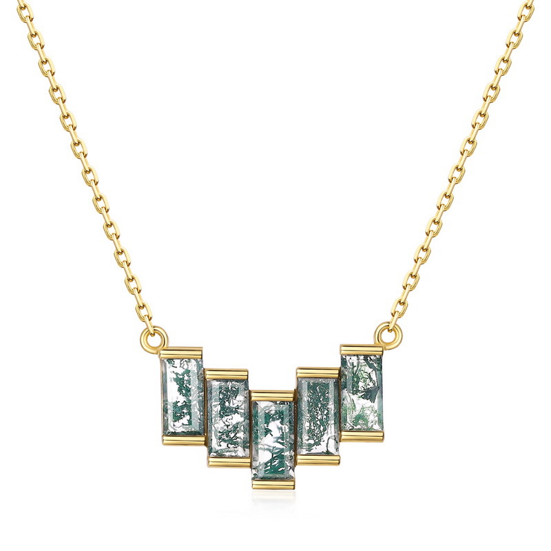 Nuevo diseño rectangular en forma de V transfronterizo collar de piedra de musgo verde S925 plata hierba de agua natural ágata cadena de clavícula personalizada