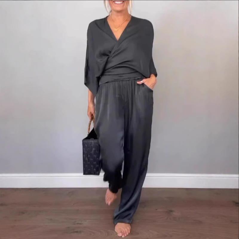 2026 Amazon Independent Site European and American Cross-Border Women's Summer Fashion Solid Color Satin Short-Sleeve Top and Pants Set