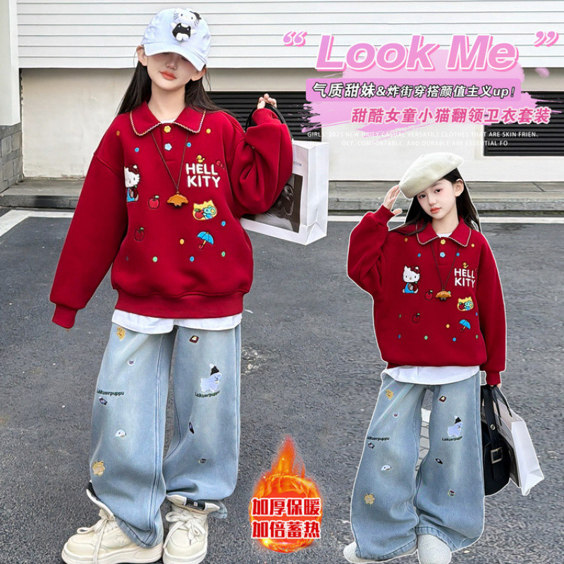 Zhili children's clothing, girls' red sweatshirt, 2025 new autumn and winter style, fleece-lined and thickened, junior high school student polo shirt top, medium and large sizes.