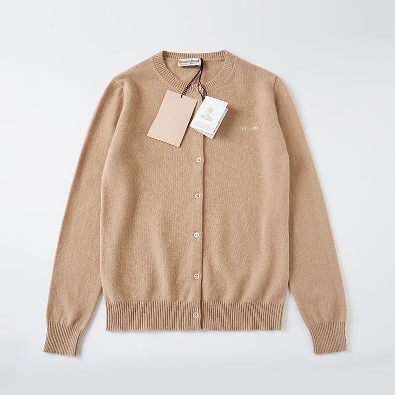 High Version Spring and Autumn Miu Feng Women's Crewneck Wool Cashmere Knitted Sweater Long Sleeve Cardigan Miu Miu Letter Jacket
