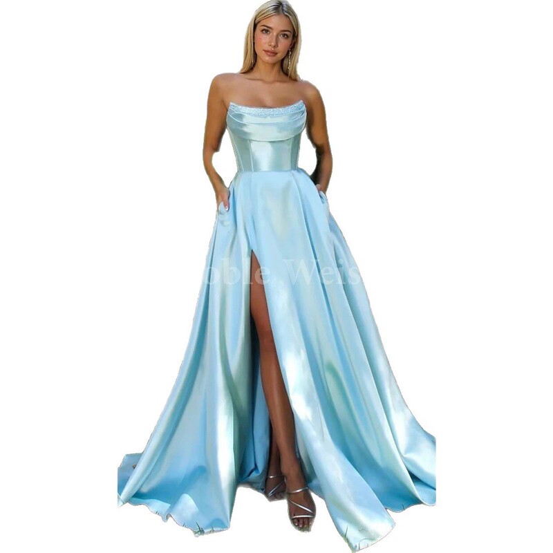 Amazon Aliexpress Evening Dress Satin Bridesmaid Prom Strapless Formal Long Gown Banquet European and American Dress
