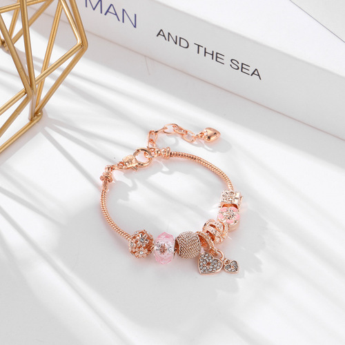 Cross-border luxury DIY crown glass bracelet, Pan family heart lock pendant gift box drilled heart-shaped gift, chain bracelet accessories