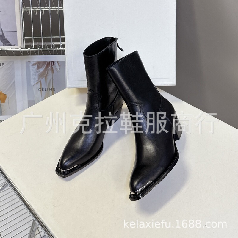高端2025秋冬真皮尖头复古粗跟高跟后拉链西部牛仔短靴靴骑士靴女|undefined