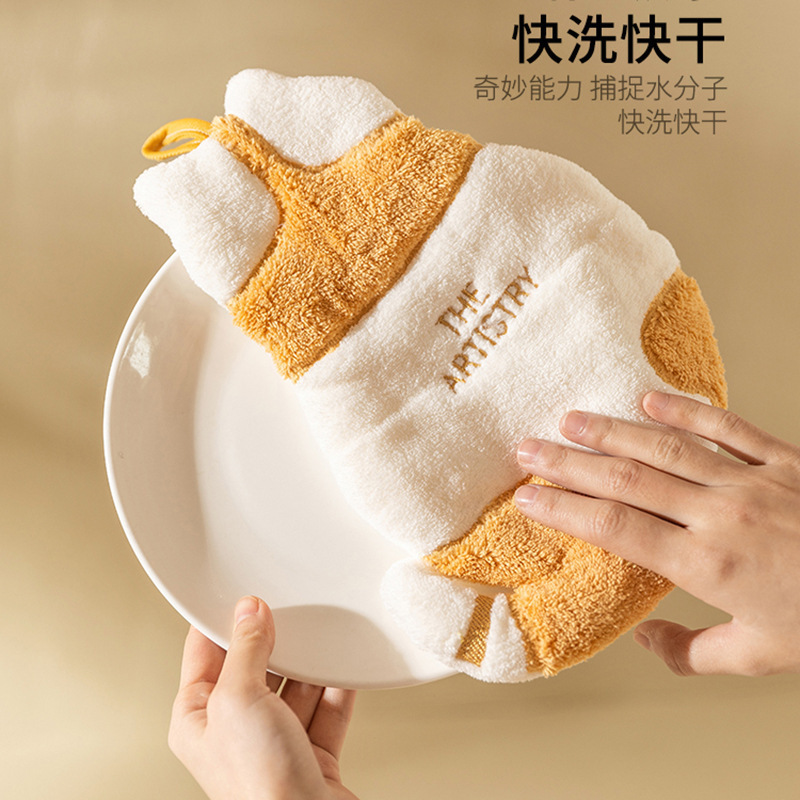 儿童可爱珊瑚绒毛巾厨房加厚擦手抹布强吸水猫咪擦手巾挂式洗手巾|undefined