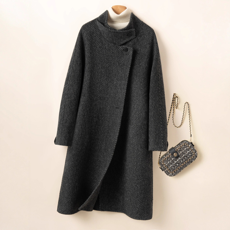 Women's Twill Stand Collar Carbon Black Double-Sided Woolen Outwear Women's Hepburn Long High-End Herringbone Woolen Outwear