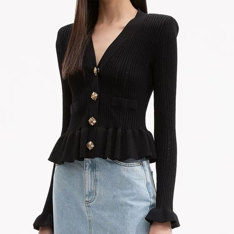 Elegant V-Neck Knitwear, Stylish Long-Sleeved Hollow-Out Sweater, Metal Button Ruffled Knit Cardigan, European and American Cross-Border Fashion
