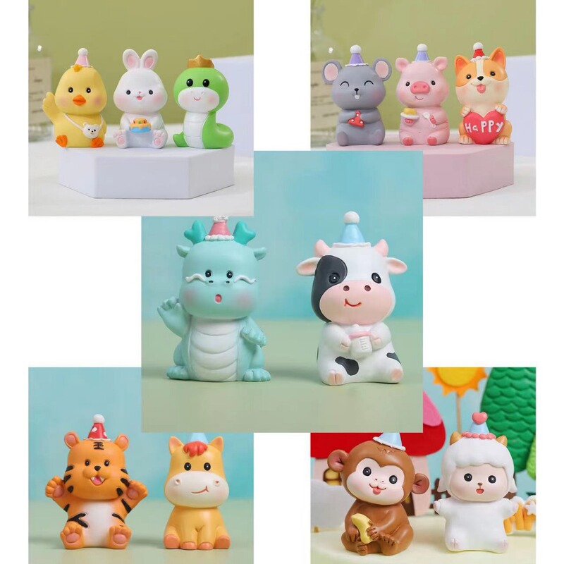 12 Zodiac Monkey Dragon Snake Sheep Baby Birthday Baking Cake Ornaments Photo Props Desktop Ornaments Resin Crafts
