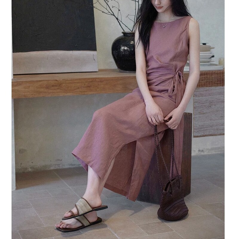 100 Linen Crewneck Sleeveless dress Women's Lace-up Waist Commuter All-match Skirt