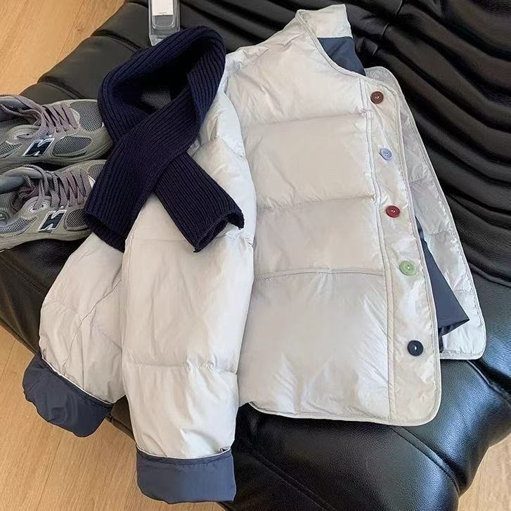 围巾款韩系新款温柔奶蓝色棉服2025秋冬百搭宽松撞色短款棉衣外套|undefined