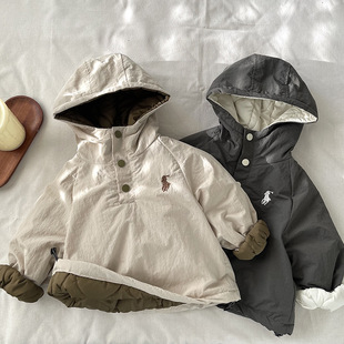 Mountain View Costume Children's Hooded Cotton Coat 2024 Autumn and Winter New Three Button Quilted Cotton Coat for Boys and Girls Baby