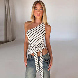 背心女T恤上衣褶皱夏季斜肩时尚抹胸外穿辣妹不规则2022性感条纹
